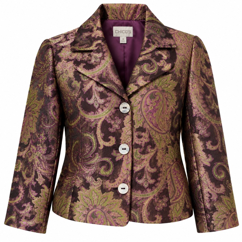 Chico's Silk Rayon Paisley Brocade Jacquard Blazer Purple Green Jacket